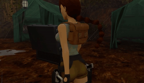 a woman in a video game with a brown backpack stands in front of tents