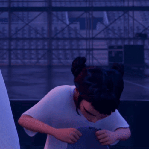 a woman in a white shirt and purple tie is screaming with her mouth wide open