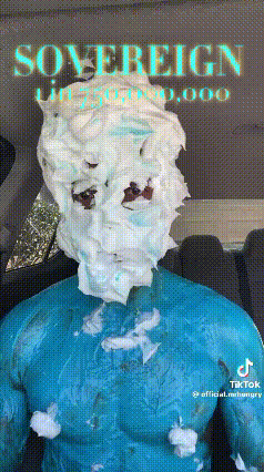 a man is covered in shaving cream and the word sovereign is visible in the background