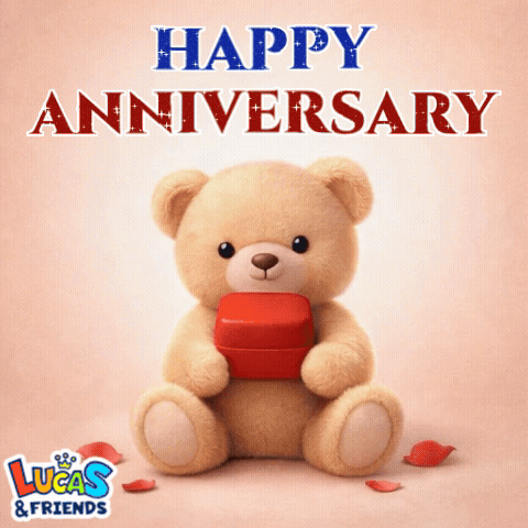 a teddy bear is holding a red box that says happy anniversary on it