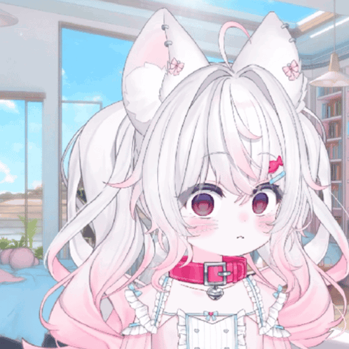 a girl with white hair and pink ears wearing a pink collar