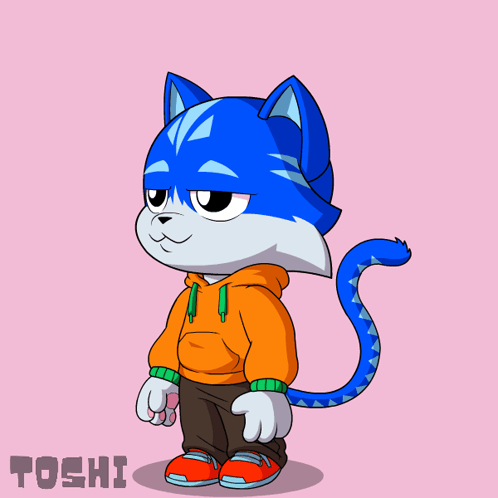 a drawing of a blue cat wearing an orange hoodie and red shoes
