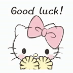 Hello Kitty clasps her hands beneath a handwritten “Good luck!” message.