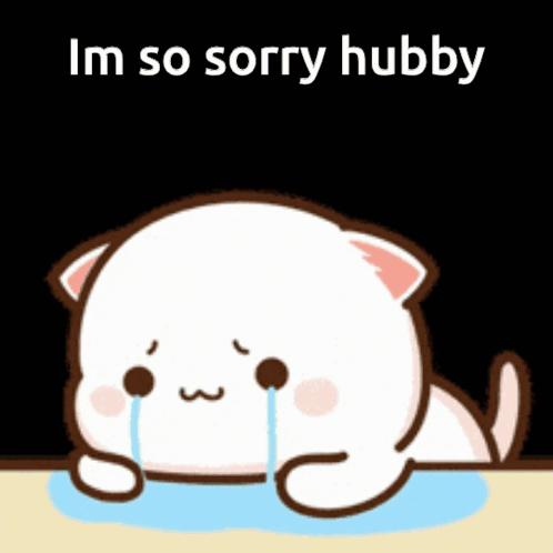 A sad cartoon pet lies in a puddle below “Im so sorry hubby.”