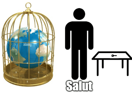 a man is standing next to a table with a key in it and a globe in a cage