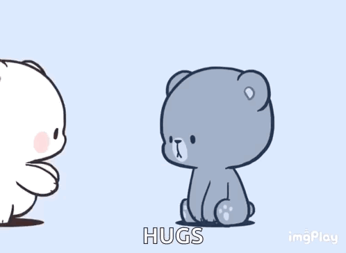 Two simple cartoon bear characters hug, with “HUGS” text.
