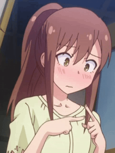 A blushing anime girl points nervously with both hands.