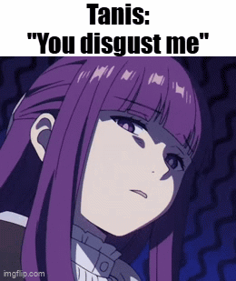 a purple haired anime girl with the words " you disgust me " on her face .