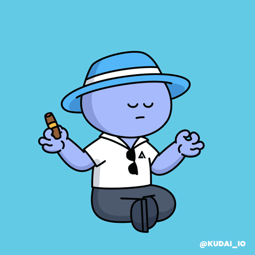A meditating blue cartoon character sits cross-legged in a peaceful pose.