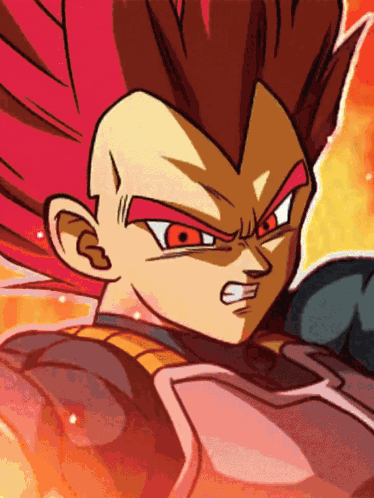 a close up of a dragon ball z character with red hair