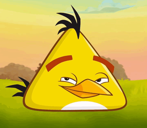 a yellow angry bird with a black feather on its head is making a funny face
