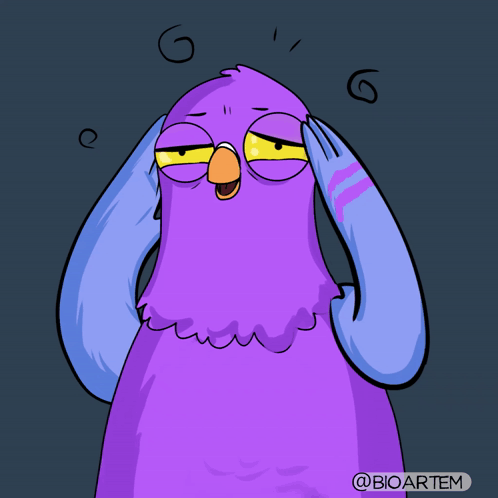 A purple cartoon creature presses both hands to its head in confusion and pain.