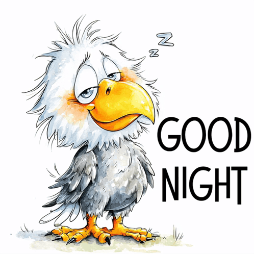 a cartoon eagle sleeping with the words good night behind it