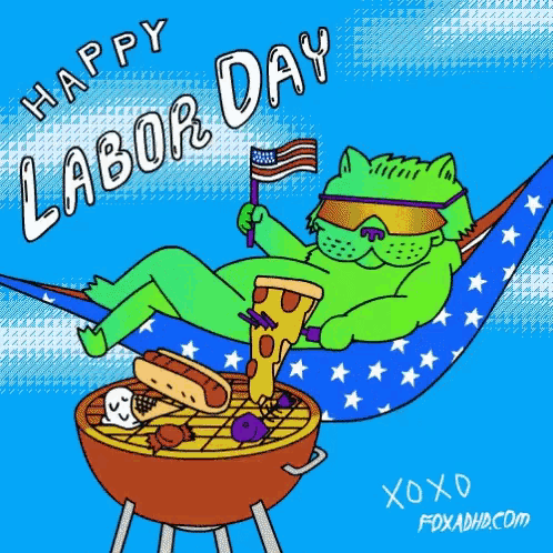 a cartoon of a lizard laying in a hammock holding an american flag and a pizza