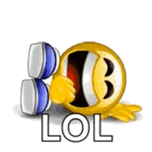 A yellow laughing emoji lies on its side with the caption “LOL.”
