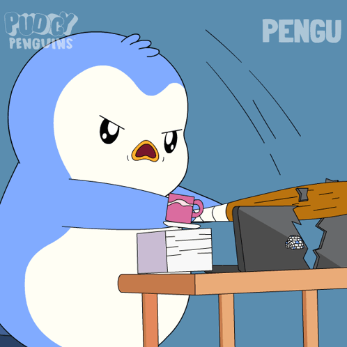 a cartoon of a penguin sitting at a table with the word pengu on the bottom
