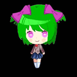 a chibi girl with green hair and purple eyes is wearing a school uniform .