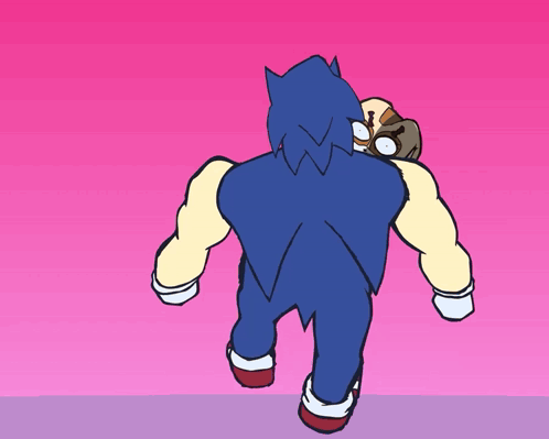 a cartoon drawing of sonic the hedgehog walking with a pink background