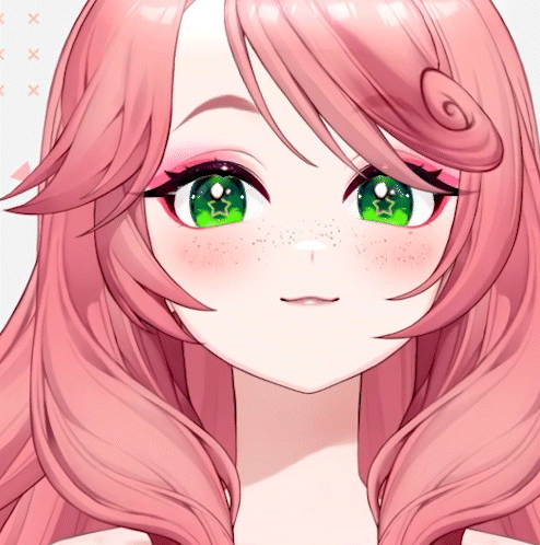 a close up of a pink haired anime character with green eyes