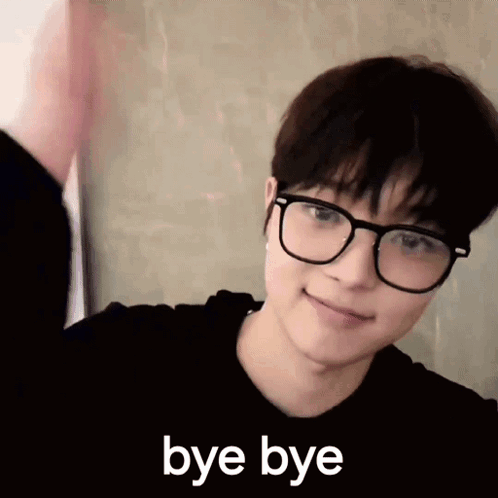 A person in glasses raises an arm beside the caption “bye bye.”