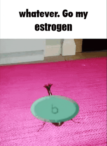 Small estrogen pill icon sits on pink carpet beneath meme text.