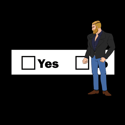 a man in a suit stands in front of a yes sign