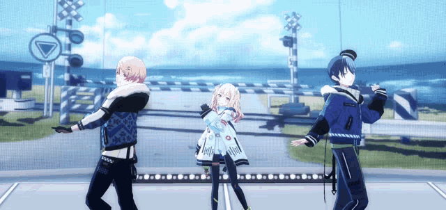 a group of anime characters are dancing in front of a train crossing