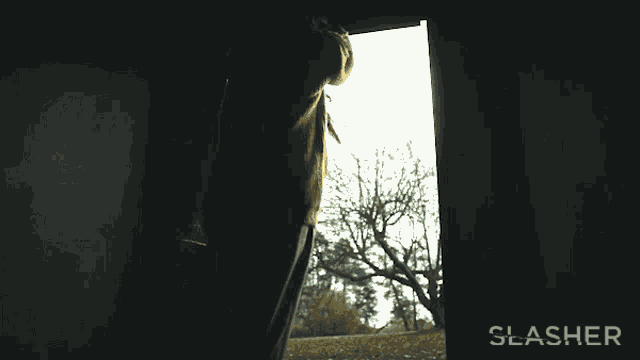 a poster for a movie called slasher shows a person standing in the doorway