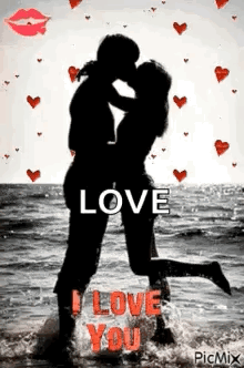 A silhouetted couple kisses beside “LOVE I LOVE YOU” text and hearts.