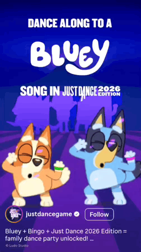 a bluey poster that says " dance along to a bluey " on it