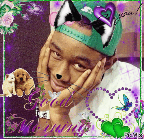a man wearing a green hat with cat ears is surrounded by flowers and hearts and says good morning