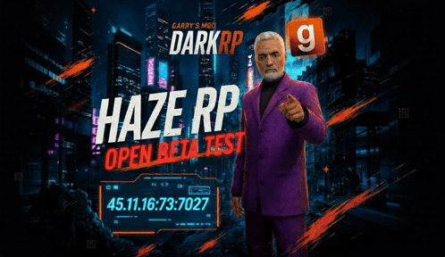 a man in a purple suit is standing in front of a sign that says haze rp
