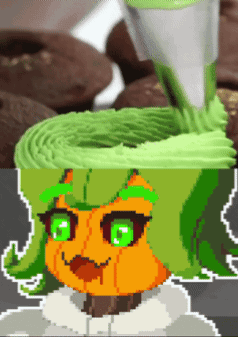 a pixel art drawing of a girl with green hair and green eyes