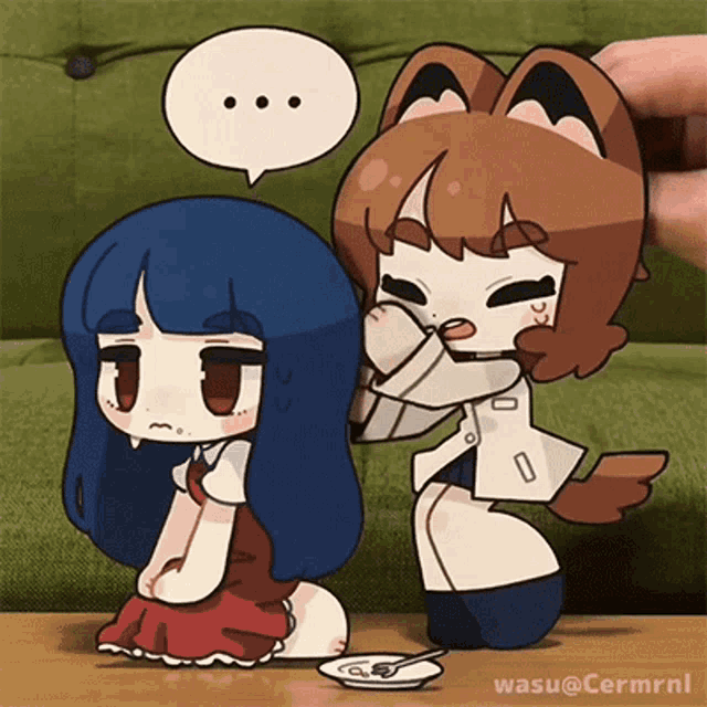 a cartoon drawing of a girl with blue hair and a brown haired girl with a speech bubble above her head