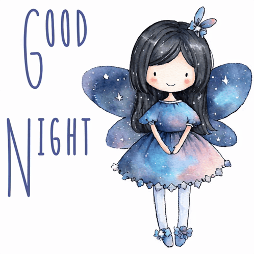 a fairy in a blue dress with the words good night