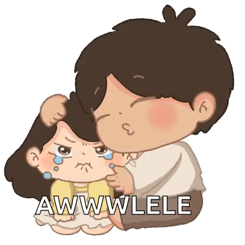 a cartoon of a boy kissing a girl 's forehead with the words awwwelele written below it