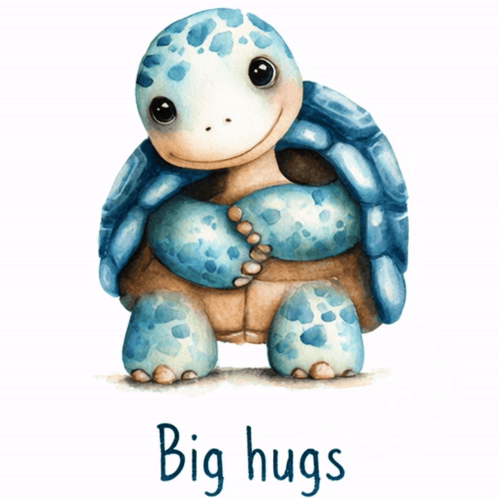 A blue-spotted illustrated turtle carries a small shell backpack with “Big hugs” text.