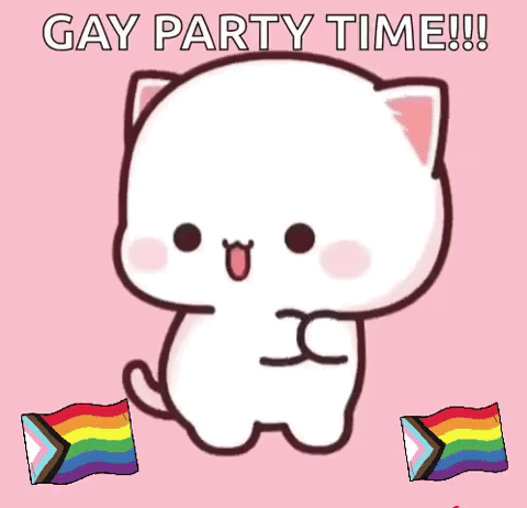 a cartoon cat with the words gay party time written on the bottom