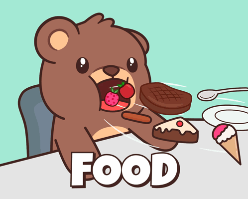 a cartoon of a teddy bear eating food with the word food below him