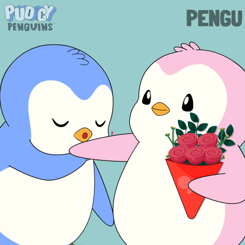 a penguin holding a bouquet of roses is being kissed by a blue penguin