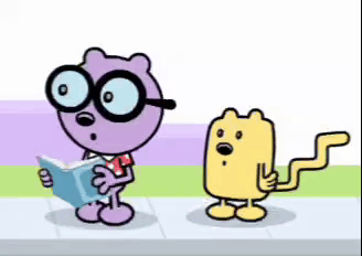 two cartoon characters , a purple bear and a yellow cat , are standing next to each other .