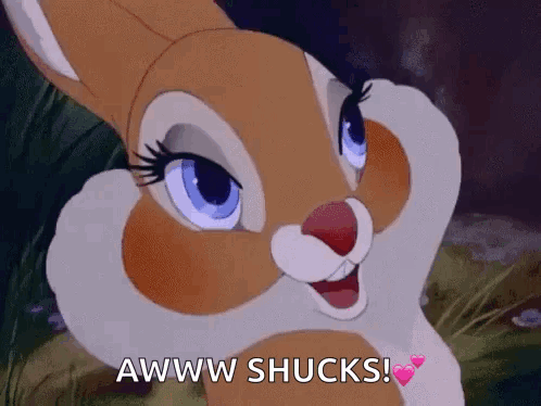 A Disney-style female chipmunk smiles shyly under “AWWW SHUCKS!”