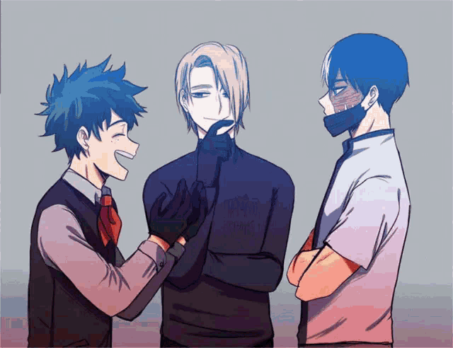 three anime characters are standing next to each other and one is wearing a mask
