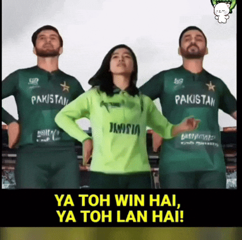 three men and a woman wearing green pakistan jerseys are dancing