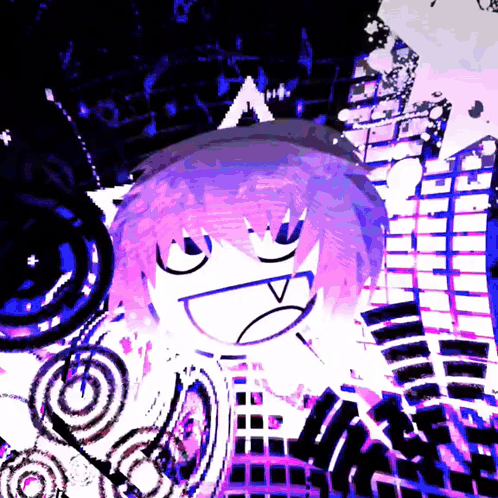 a drawing of a girl with purple hair and a triangle on her hat