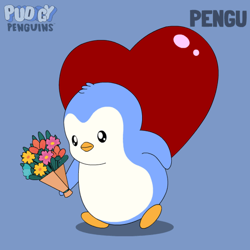 A blue cartoon penguin carries flowers in front of a large red heart.