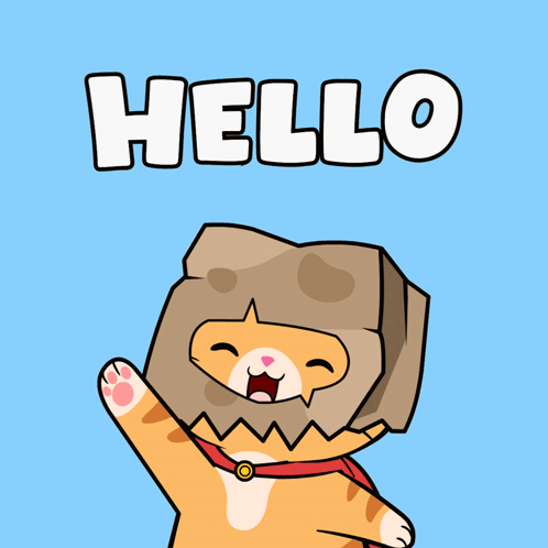 A cartoon dog in a cardboard box waves beneath bold “HELLO” text.