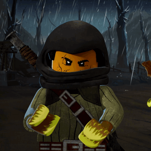 a lego character with a scarf around his head and a sword