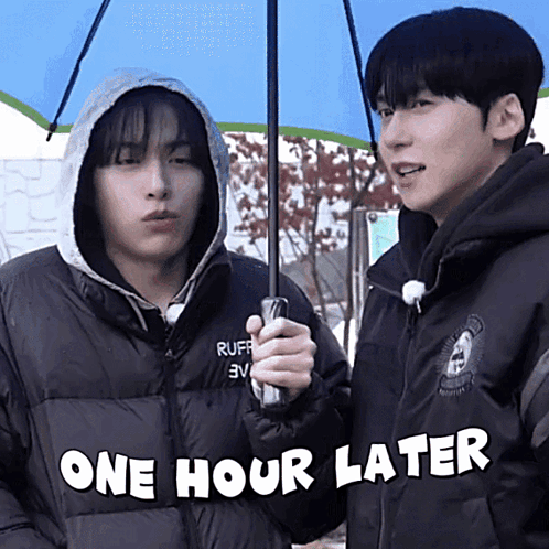a man holding an umbrella next to another man that says " one hour later "