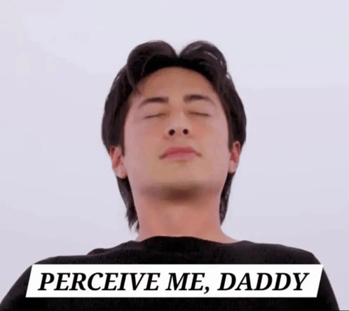 a man with his eyes closed and the words " perceive me daddy " above his head